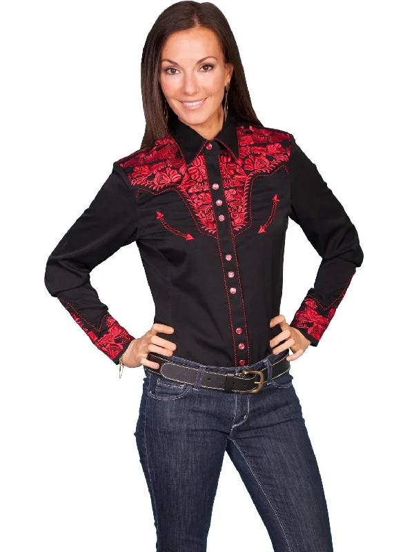 Big Savings Scully Western Womens Crimson Polyester L/S Floral Stitch Western Shirt