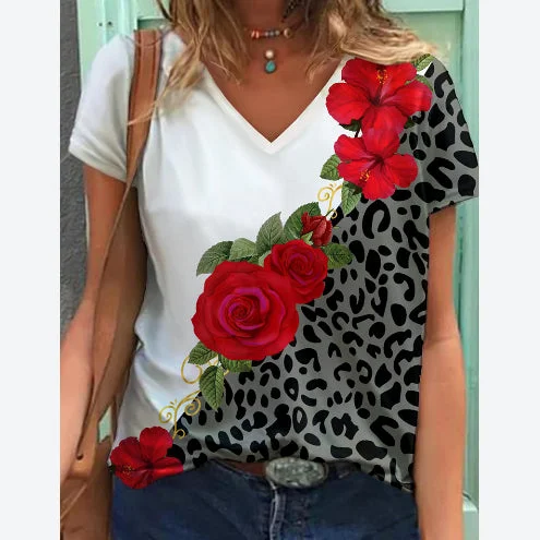 Exclusive Savings Casual Fashion Flower Leopard Printed V Neck Short Sleeved Wholesale T Shirts