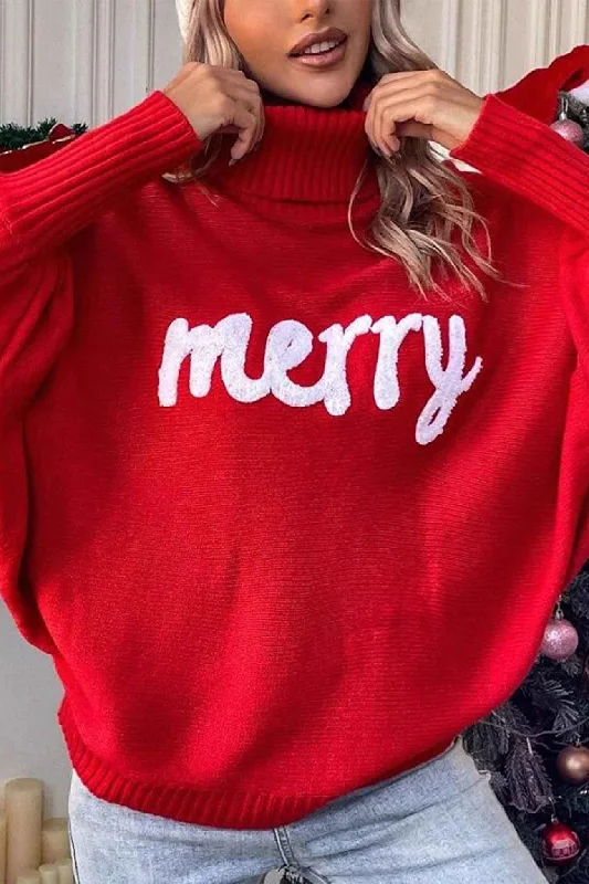 Super Deal TastyHottie - Merry Printed Dolman Sleeve Turtleneck Knitted Sweater