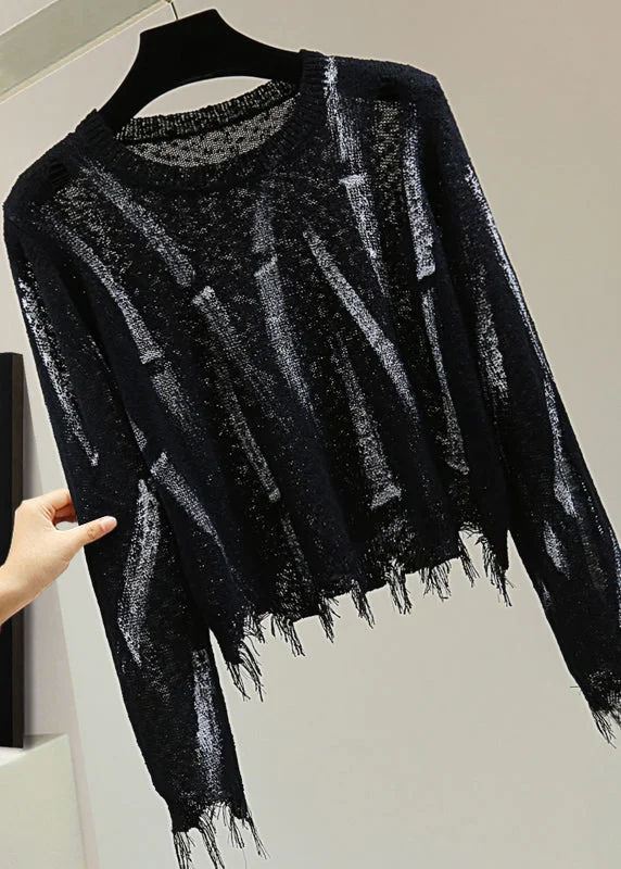 Price Buster Unique Black O-Neck Striped Hole Cotton Knit Sweaters Spring