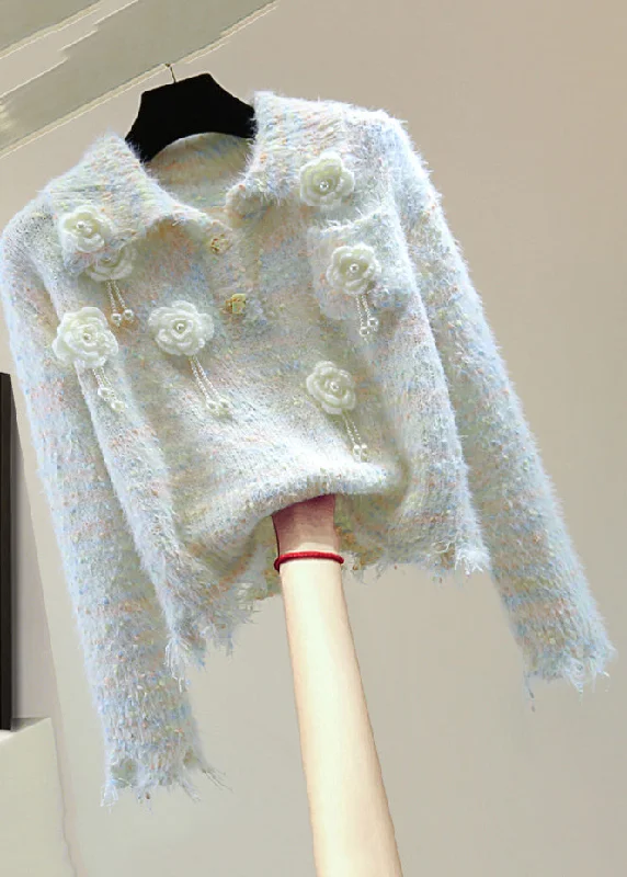 Weekend Sale: Don't Miss Out Beautiful Light Blue Peter Pan Collar Floral Tassel Thick Cotton Knitted Sweater Winter