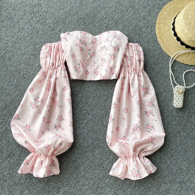 Super Deal Cute floral crop top long sleeve tops    S148