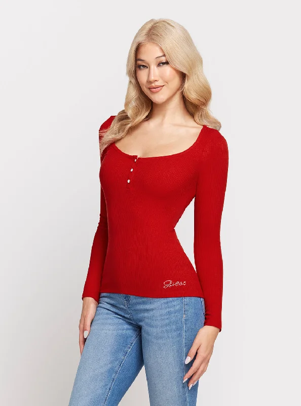 Weekend Discounts to Enjoy Eco Red Karlee Long Sleeve Button Top