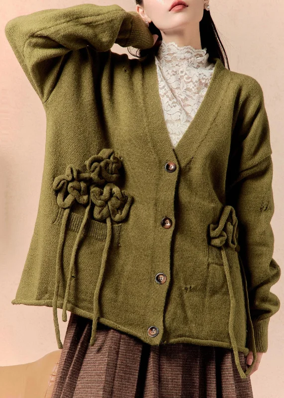 Weekend Bargains to Relish New Matcha Green V Neck Button Pockets Knit Cardigans Winter