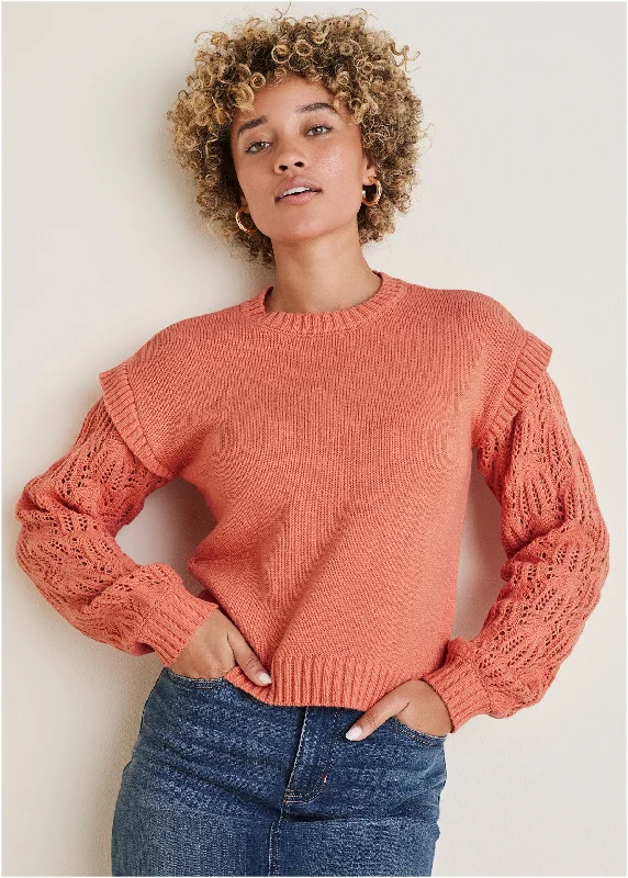 Super Sale Pointelle Sleeve Crew Neck - Burnt Coral