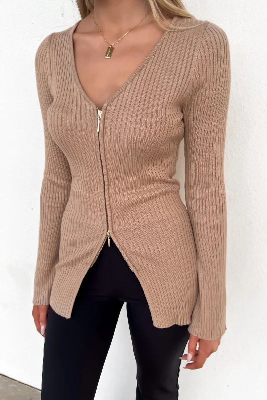 Deal of the Day Kaia Zip-Front Knit Top Mocha