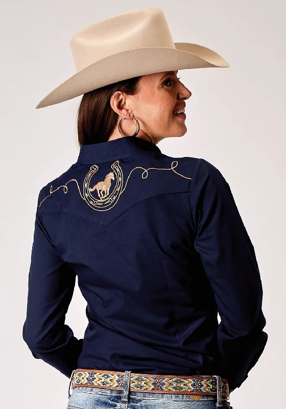 Crazy Deal Roper Womens 1985 Broadcloth Deep Navy Cotton Blend L/S Shirt