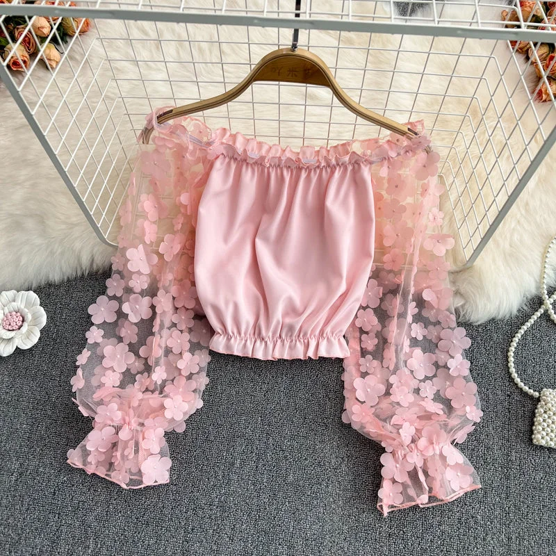Best Seller Cute Chiffon Flower Long Sleeve Top Crop Tops    S529