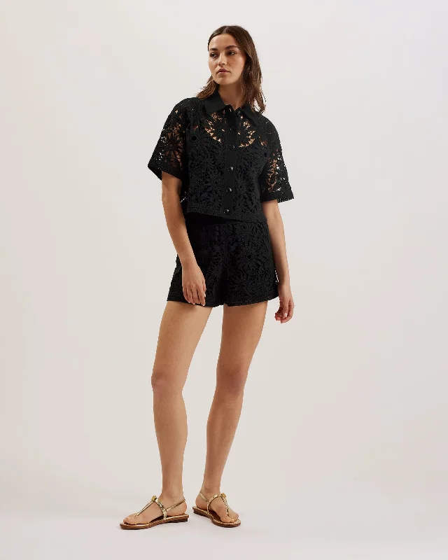 Weekend Savings Fiesta Angiiee Floral Crochet Boxy Cropped Shirt Black