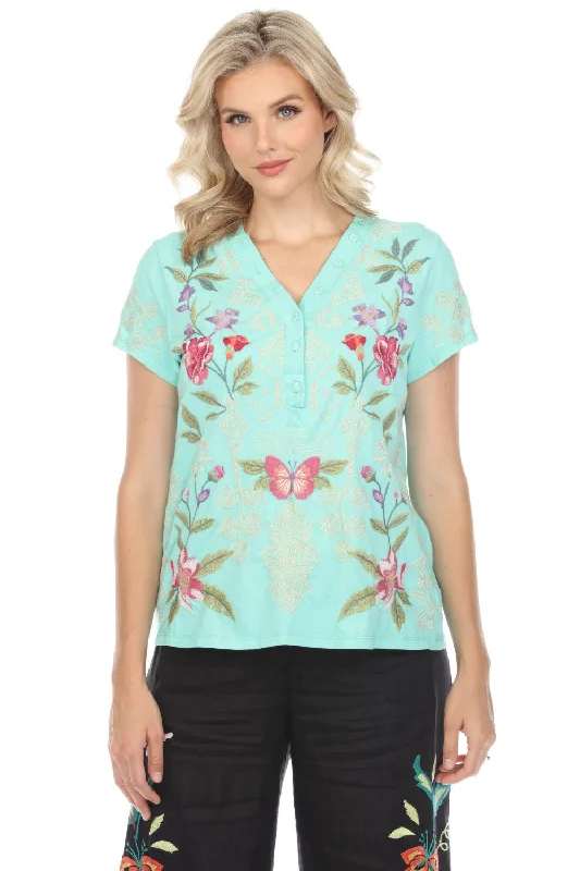 Online Only Johnny Was JWLA Dacie Button Neck Embroidered Knit Tee J14824 *