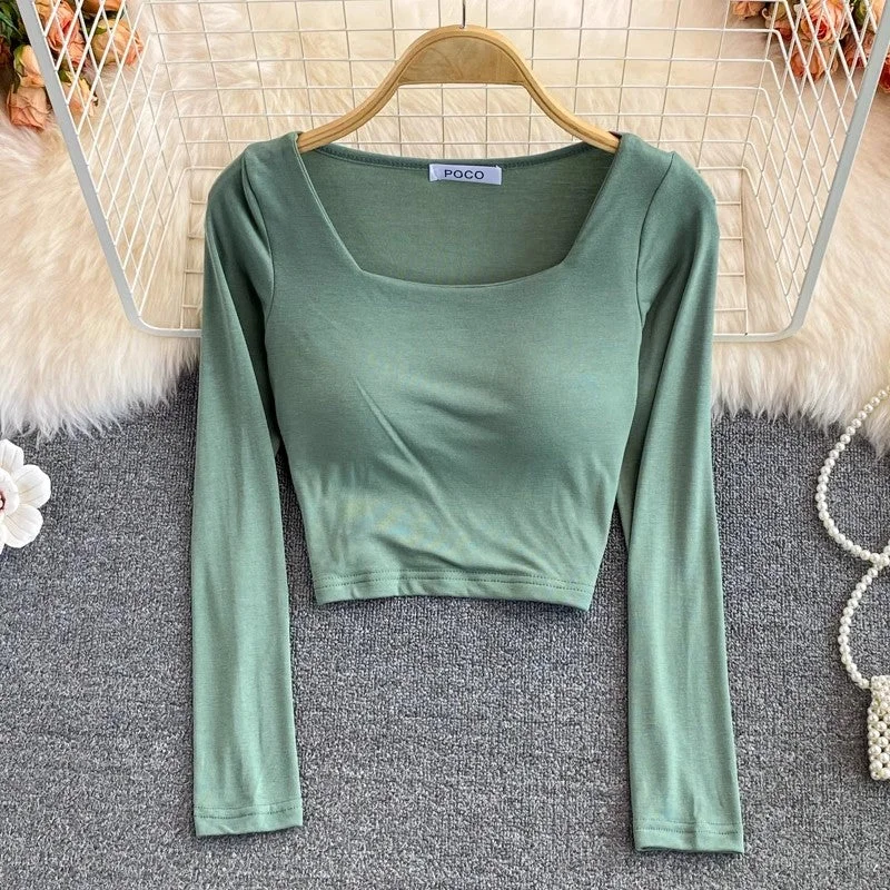 Best Choice square collar t-shirt with chest pad for women short shirt top long sleeves      S3986