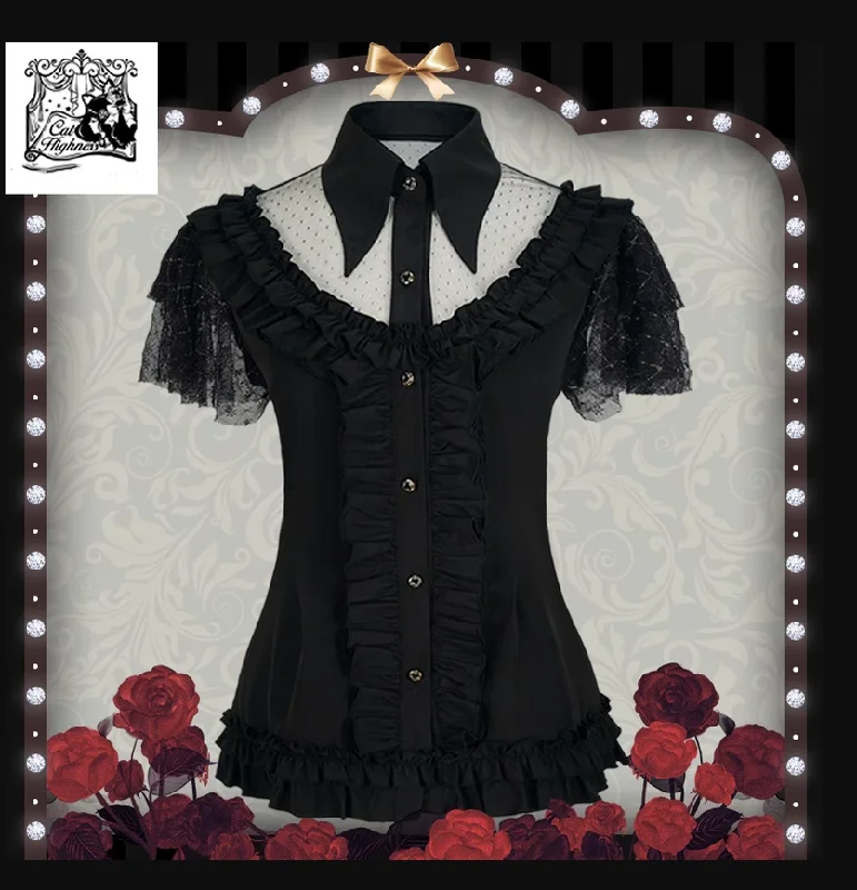 Weekend Specials to Grab Cat Highness~Gothic Lolita Shirt Black Flounce Hem Short Sleeve Shirt Weekend Specials to Grab Cat Highness~Gothic Lolita Shirt Black Flounce Hem Short Sleeve Shirt