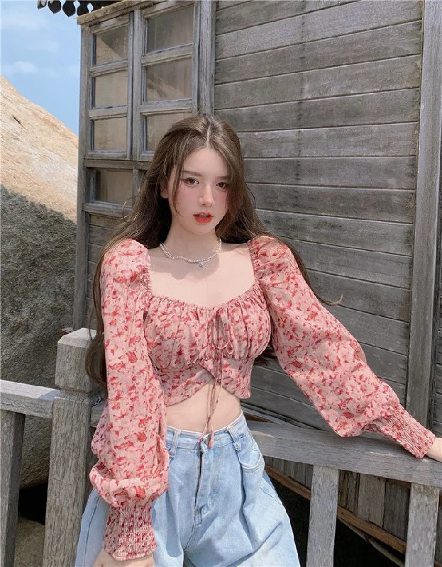 Special Buy Fashion Floral Chiffon Women's Shirt Sweet Square Neck Puff Sleeve Crop Tops Lace Up Long Sleeve Blouse Woman      S2828