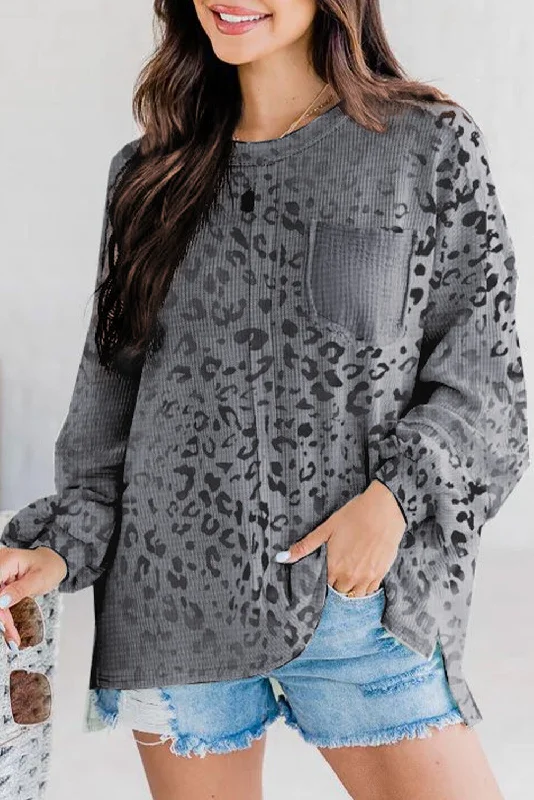 Weekend Special Leopard Print Patch Pocket Long Sleeve Top