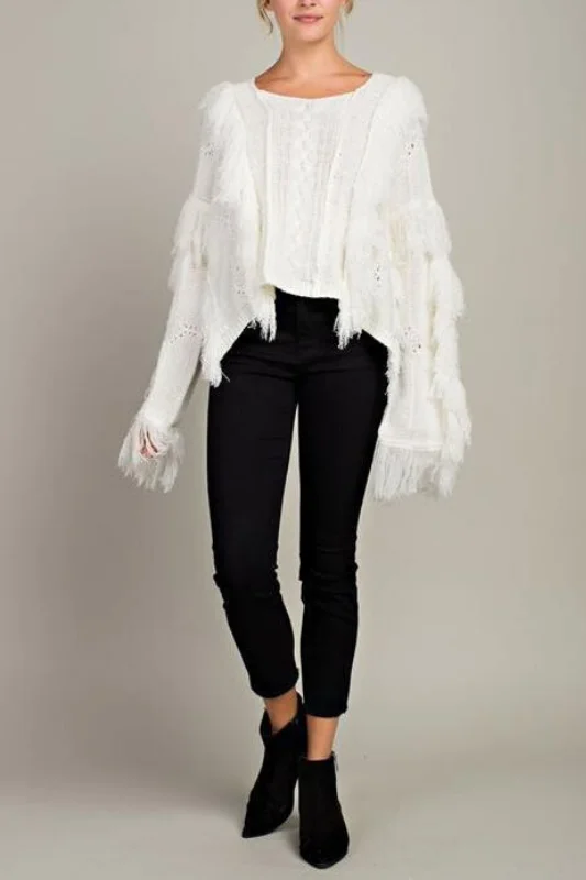 While Supplies Last L Love Fringe Cable Crop Sweater - Soft White