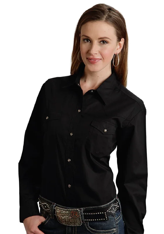 Super Deal Roper Basic Solid Ladies Black 100% Cotton L/S 2 Pocket Western Shirt