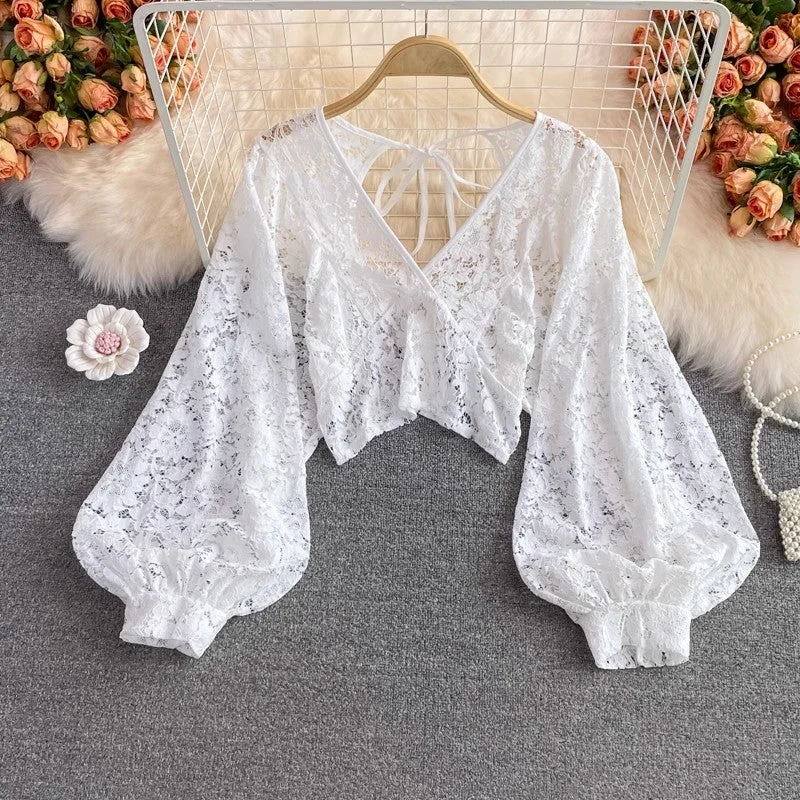 Must-Have Deals new elegant V-neck lace shirt long-sleeved shirt backless short top for women     S3988