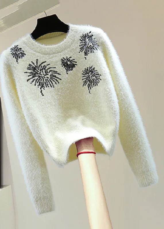 Instant Deal Natural White O-Neck Sequins Thick Cotton Knit Sweater Winter