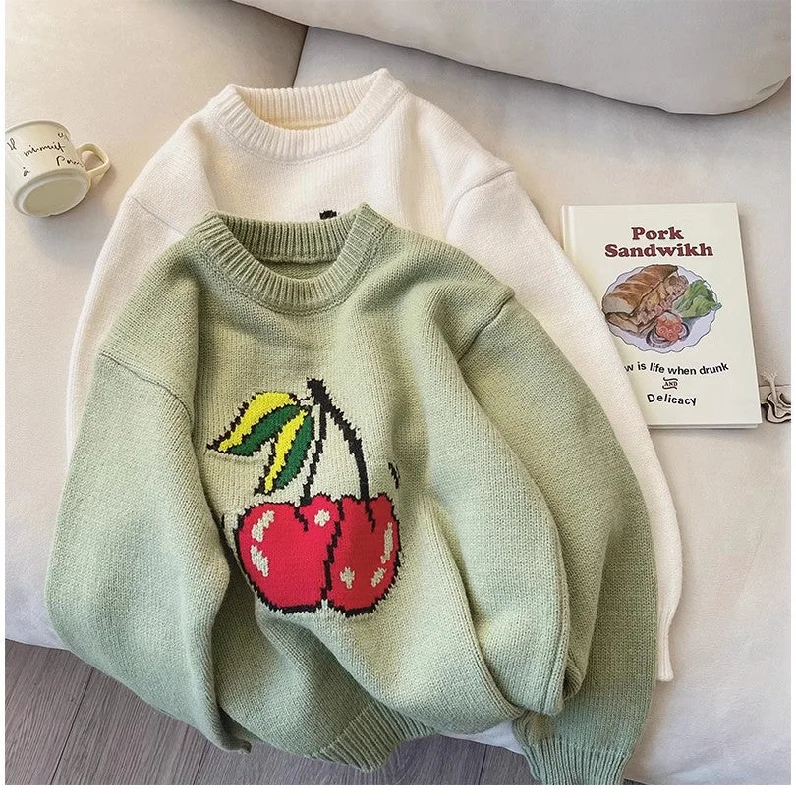Price Cut cherry jacquard round neck sweater for women pullover sweater    S4920