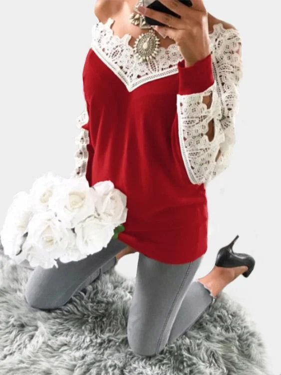 Savings Galore Custom V-Neck Lace Hollow Long Sleeve Red T-Shirts