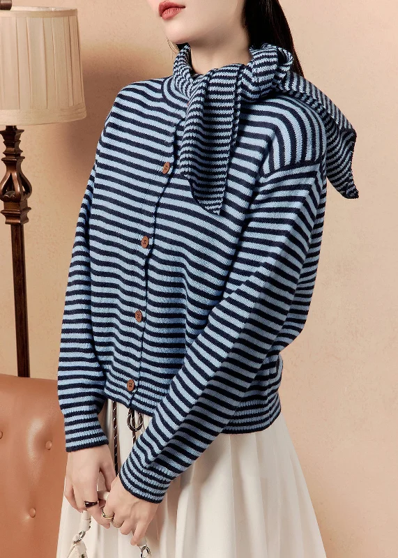 Lowest Price Casual Blue Scarf Striped Button Knit Sweater Winter