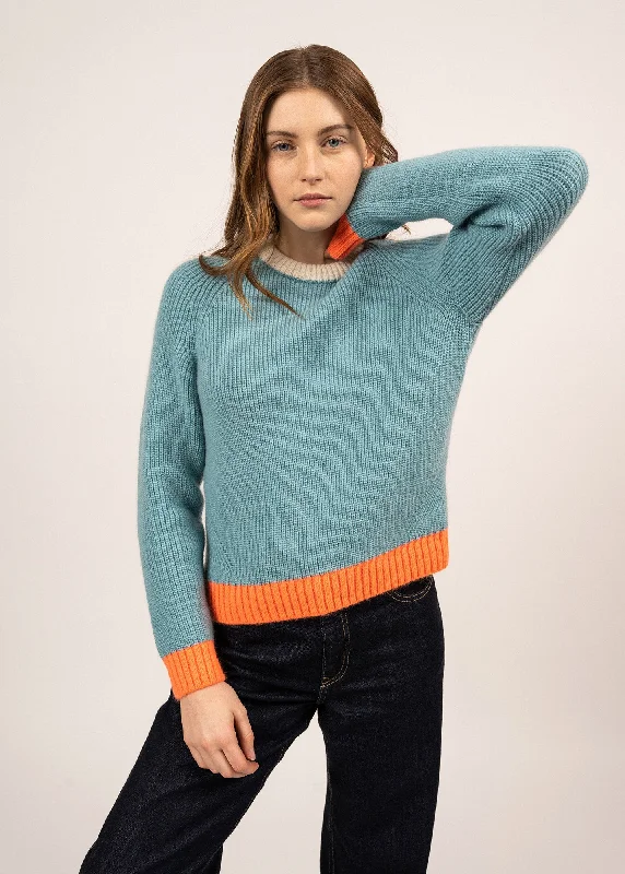 Overstock Sale HASPARREN - Color-block Sweater in Mohair Wool Blend (JADE / NEON ORANGE / WINTER WHITE)
