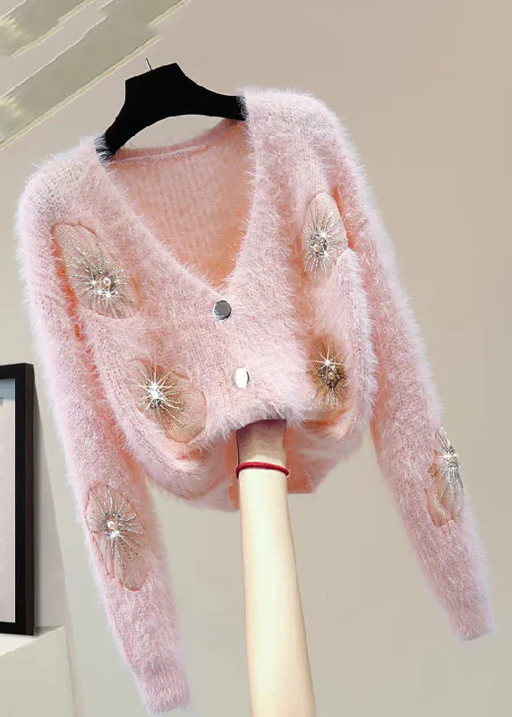 Take Advantage Bohemian Pink V Neck Zircon Thick Mink Hair Knitted Sweater Winter
