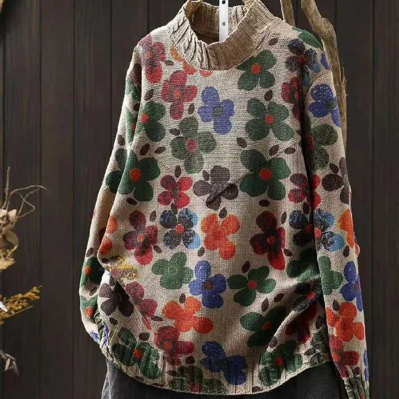 Deal Frenzy Babakud Women Autumn Artistic Flower Printed Cotton Knitted Sweater