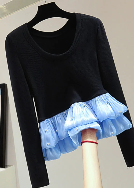 Weekend Offers That Shine Chic Black Chiffon Patchwork Nail Bead Cotton Knit Top