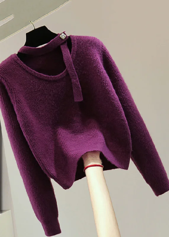 Low Cost Casual Purple O-Neck Cozy Cotton Knit Sweaters Winter