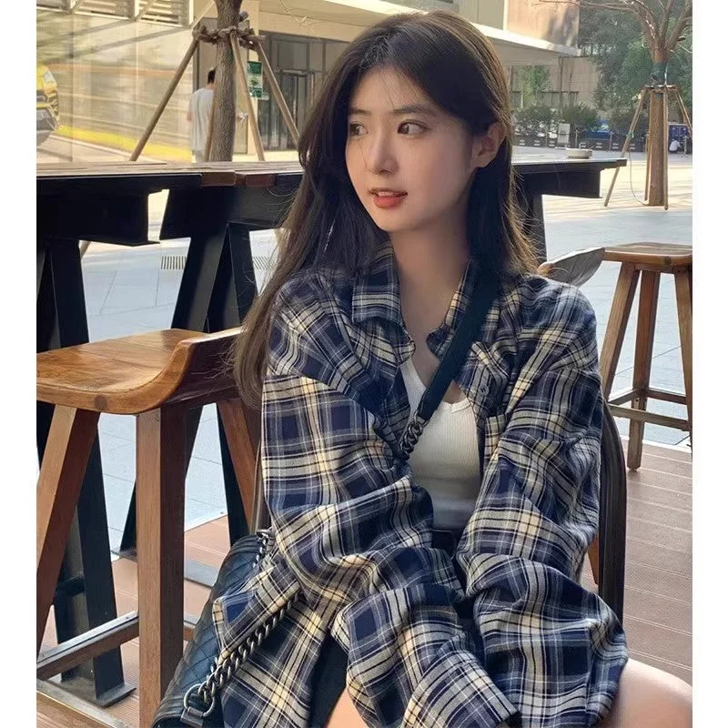 Holiday Sale Plaid shirt women's shirt cardigan coat long-sleeved top      S3421