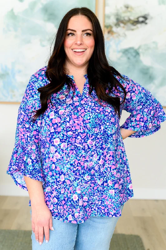 The Best Prices Lizzy Bell Sleeve Top in Navy and Pink Floral