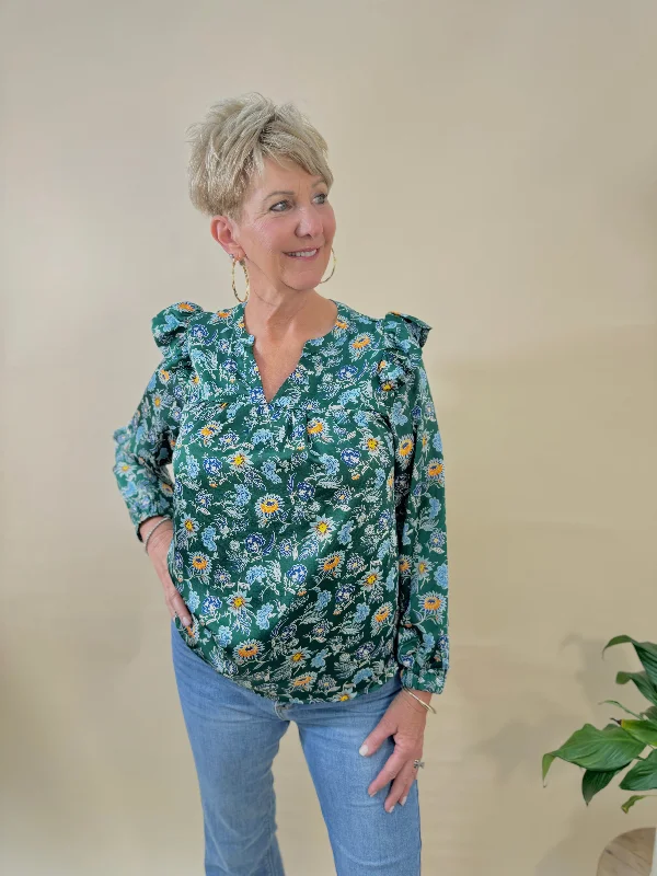 Early Access Satin Floral Blouse with Ruffle Shoulder