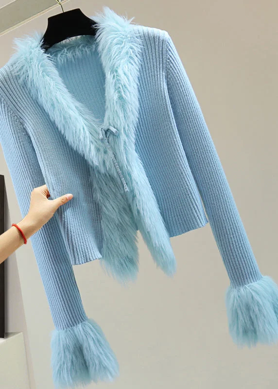 New Deal Chic Blue Fur Collar Patchwor Solid Cotton Knit Sweater Winter