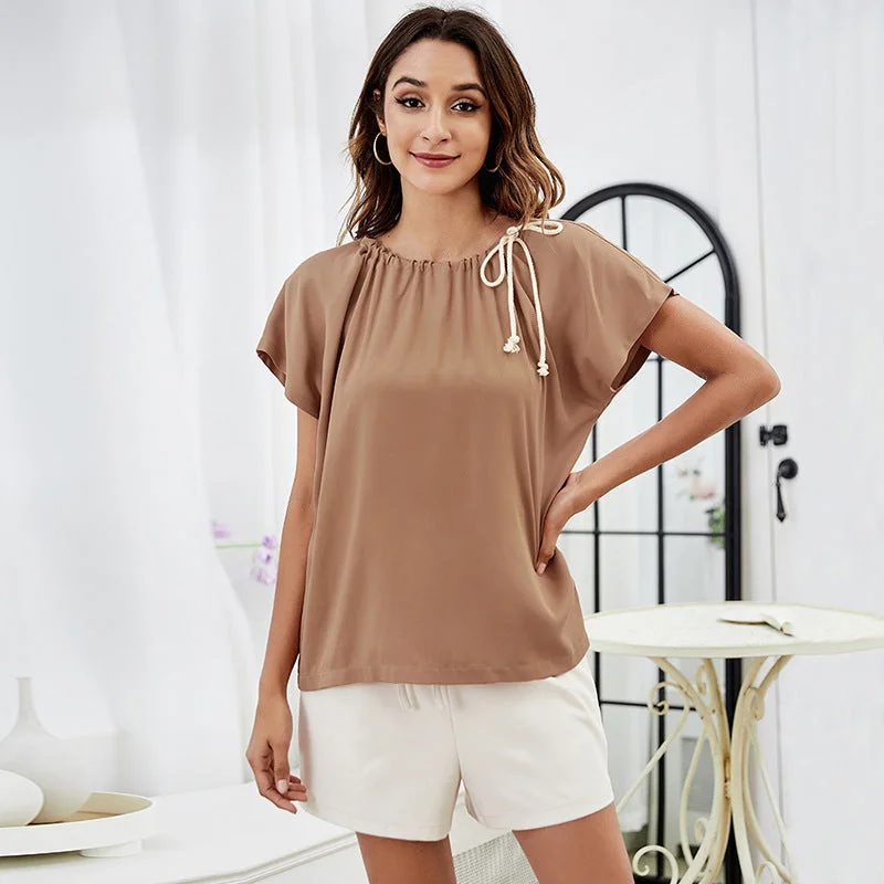 Quick Deals Drawcord Loose Bottoming Short Sleeve Leisure Wholesale Womens Tops