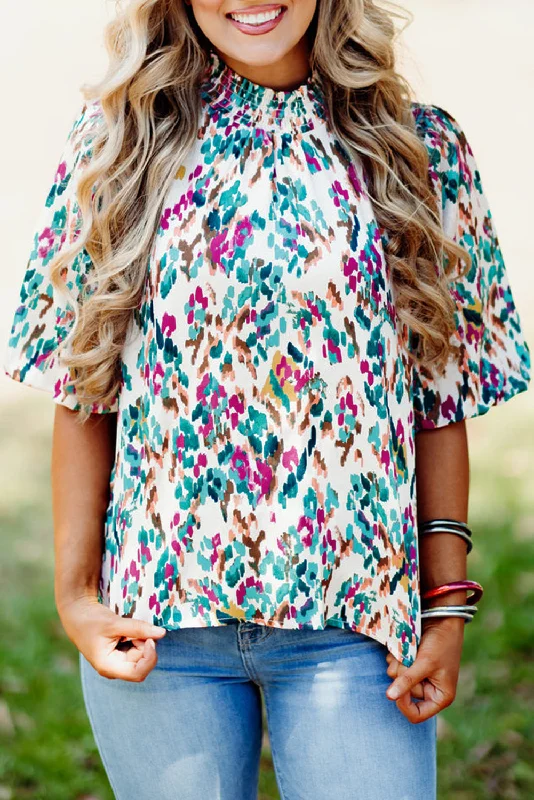 Year-End Clearance Light Blue Abstract Print Puff Sleeve Mock Neck Blouse