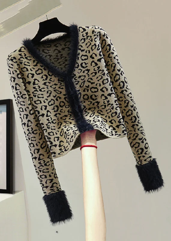 Savings Galore Fashion Leopard V Neck Print Patchwork Cotton Knit Sweater Winter