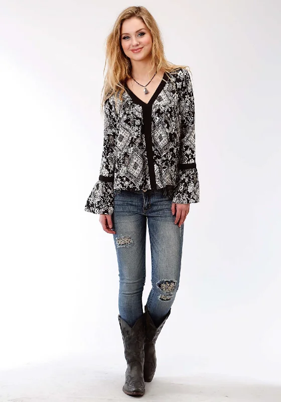 Instant Savings Roper Poet Womens Black Rayon/Nylon Diamond Floral L/S Blouse