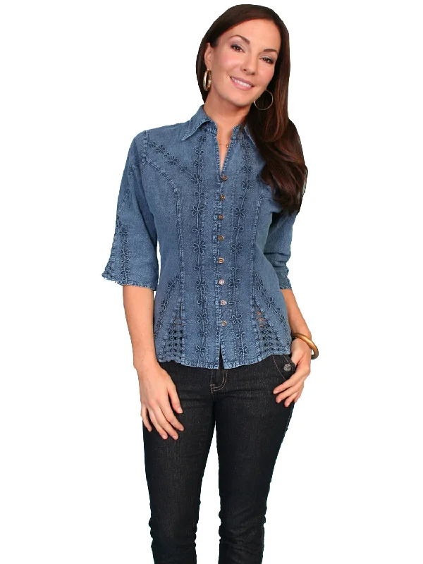 Early Bird Discount Scully Cantina Womens Dark Blue 100% Cotton 3/4S Floral Vine Blouse