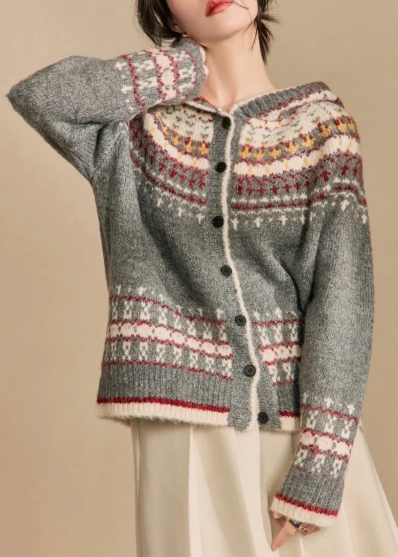 Year-End Clearance Jacquard Grey Hooded Button Knit Cardigans Winter