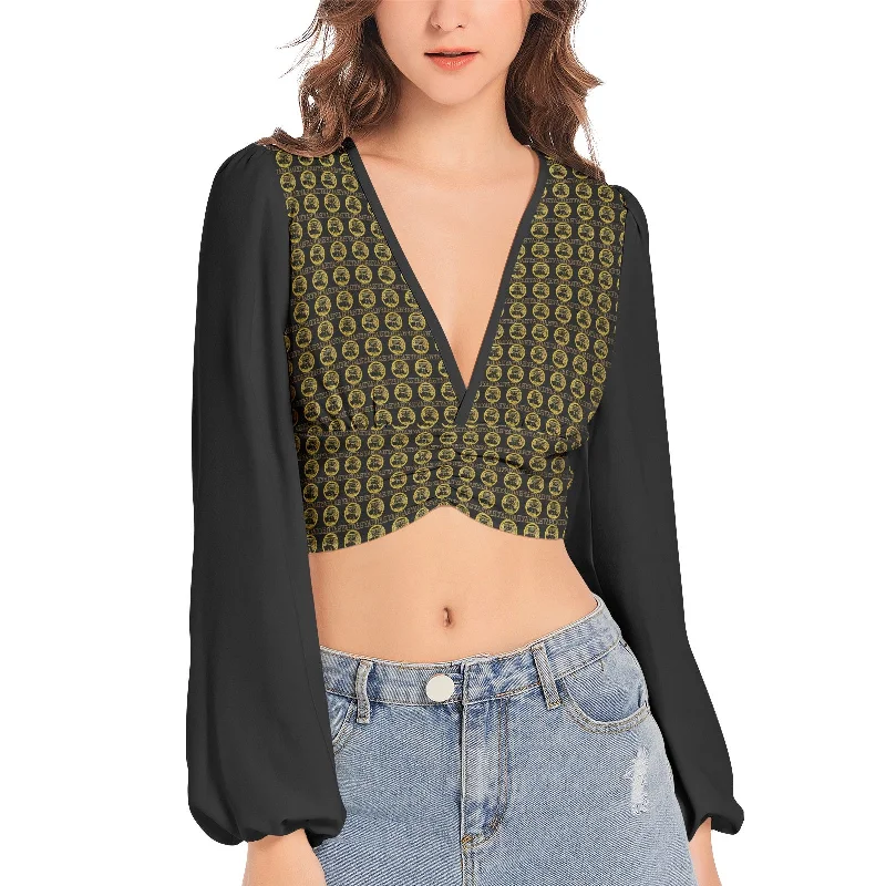 Reduced Prices Yahuah-Tree of Life 02-03 Elect Designer Deep V-neck Lantern Sleeve Crop Top