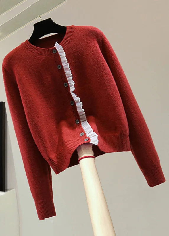 Can't Beat Fine Red O-Neck Chiffon Patchwork Thick Cotton Knit Sweater Winter