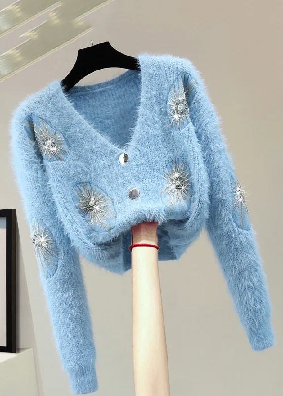 Weekend Deals That Sizzle French Blue Zippered Patchwork Nail Bead Cotton Knit Sweater Winter