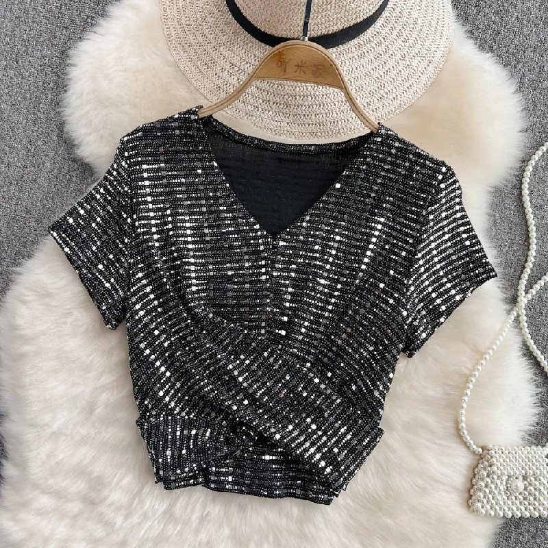 Hurry In Shiny v neck sequins tops crop tops   S526