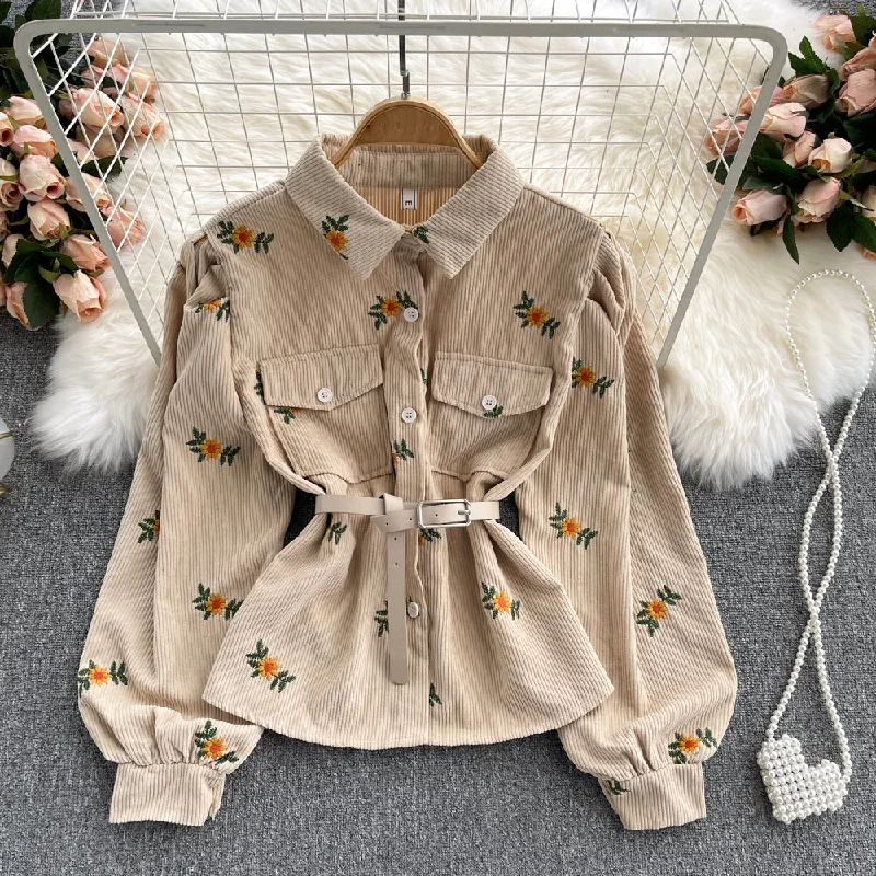 Online Exclusive Lovely corduroy embroidered long-sleeved shirt    S517