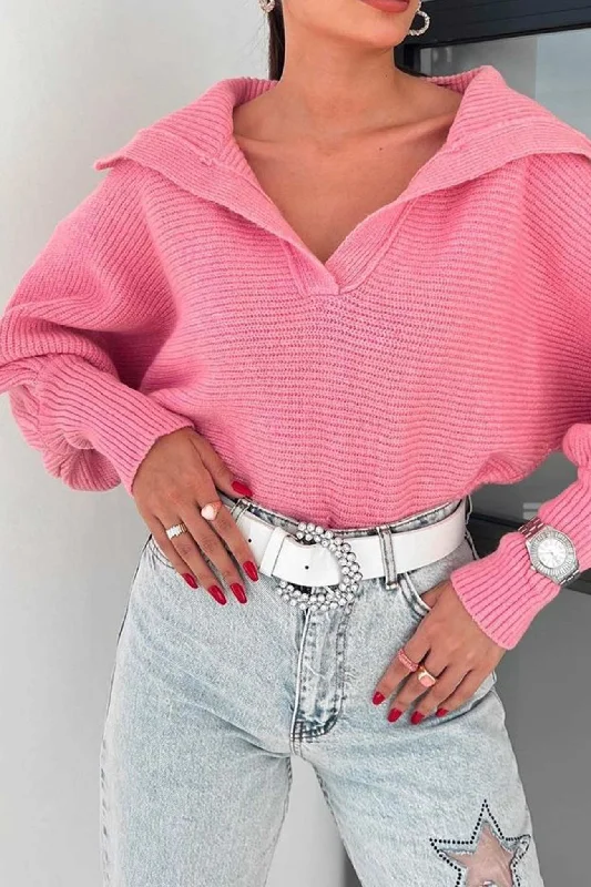 Savings Event TastyHottie - Lapel V Neck Puff Sleeve Sweater