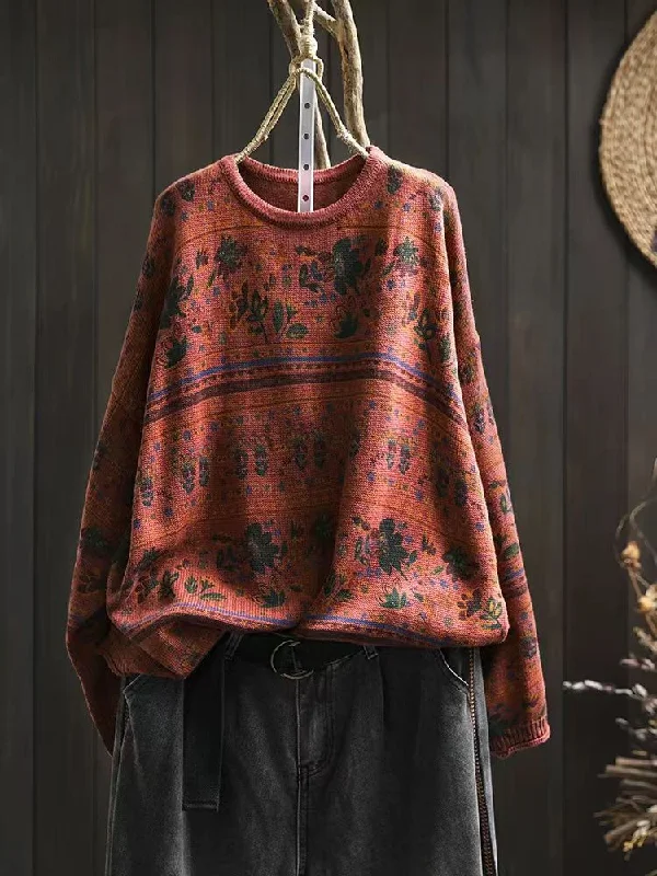 Quick Sale Babakud Women Autumn Retro Cotton Printed Pullover Sweater