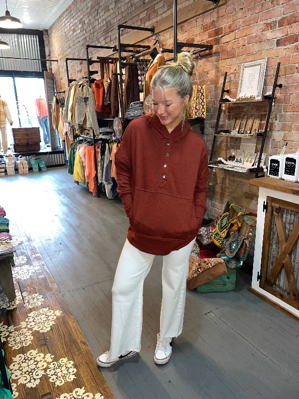 Can't Beat Half Button Hooded Pullover-Rust