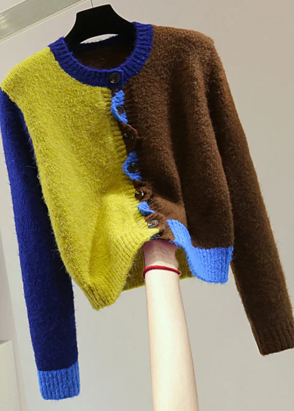 Weekend Shopping Extravaganza Fitted Colorblock Ruffled Button Thick Cotton Knit Sweater
