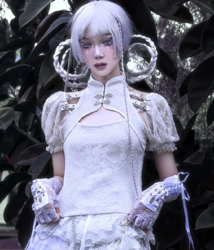 Weekend Offers That Amaze Blood Supply~White Lace Fake Bolero Puff Sleeve Top